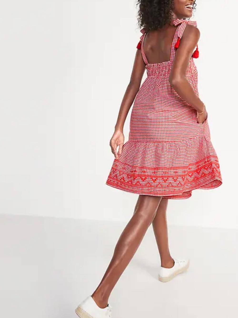 Old Navy Red and White Gingham Tie-Shoulder Tiered Skater Dress